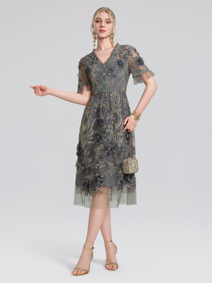 Gold Thread Embroidered Mesh Lace V-Neck Ruffle Sleeve Dress