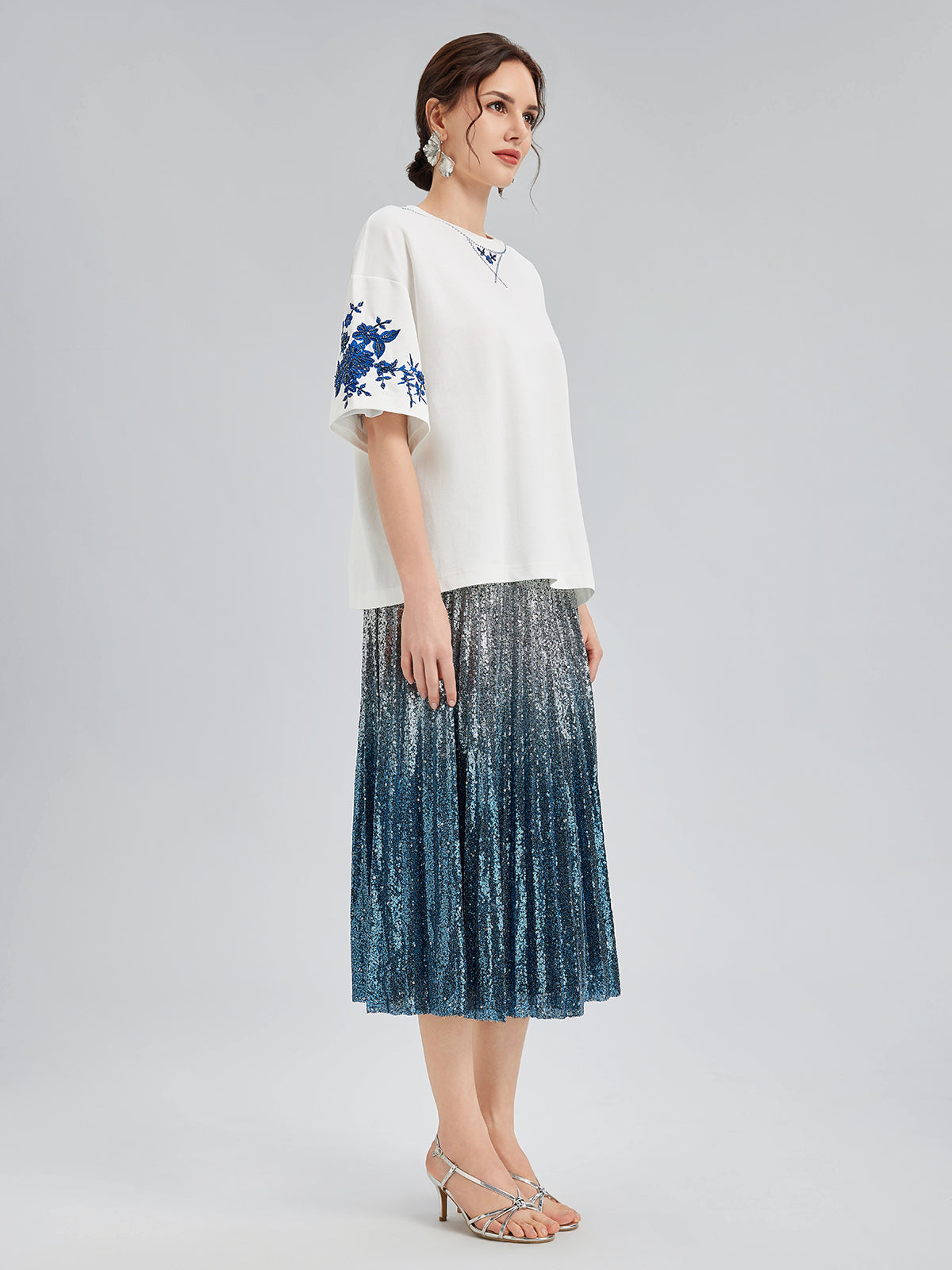 Ombre Sequin Pleated Midi Skirt