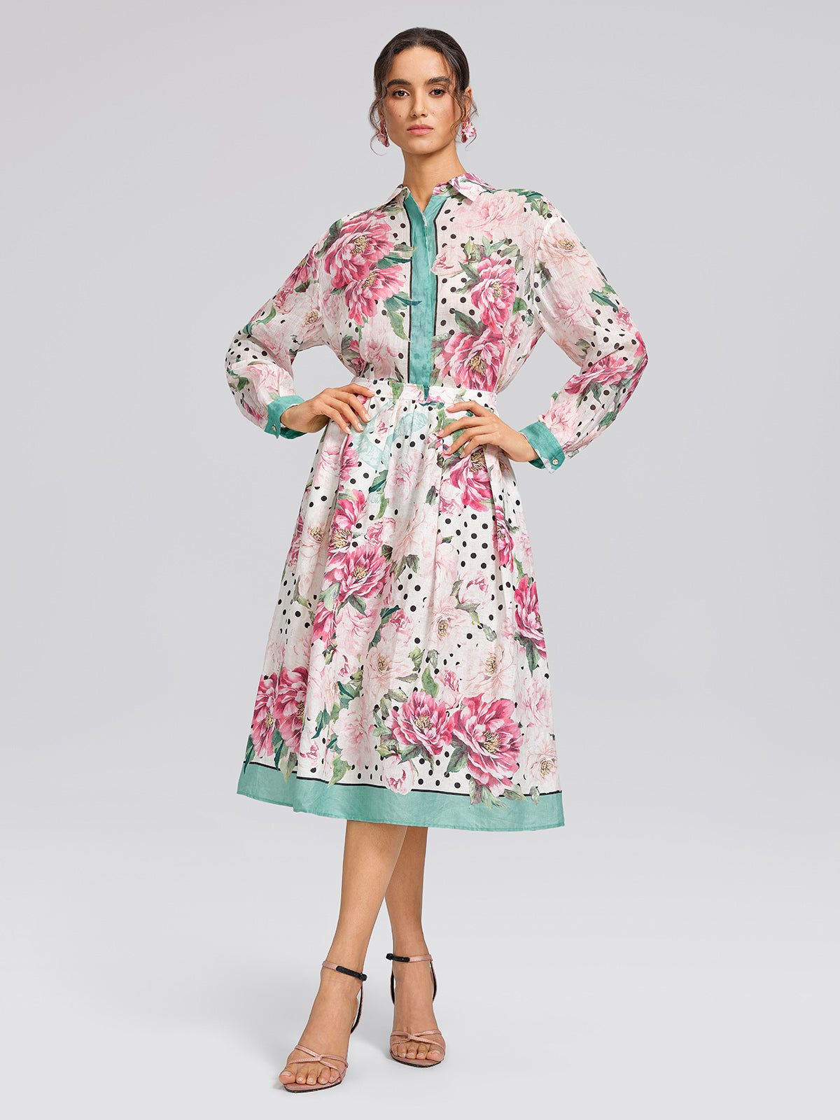 100% Ramie Peony Polka Dot Print Contrast Lapel Shirt