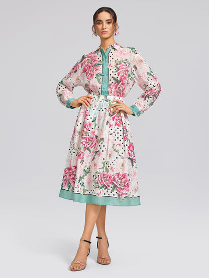 100% Ramie Peony Polka Dot Print Contrast Lapel Shirt