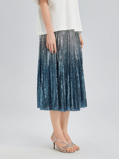 Ombre Sequin Pleated Midi Skirt