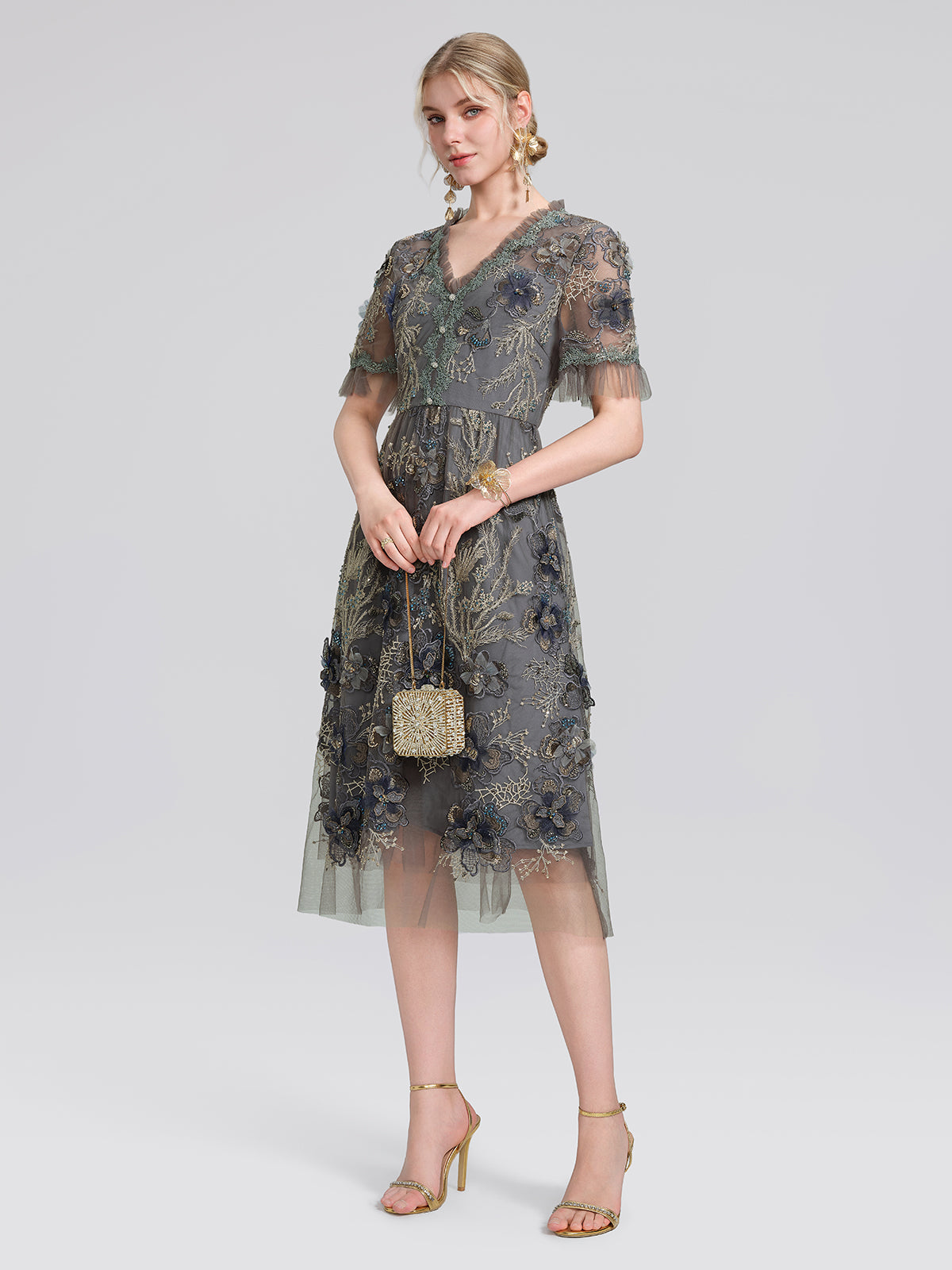 Gold Thread Embroidered Mesh Lace V-Neck Ruffle Sleeve Dress