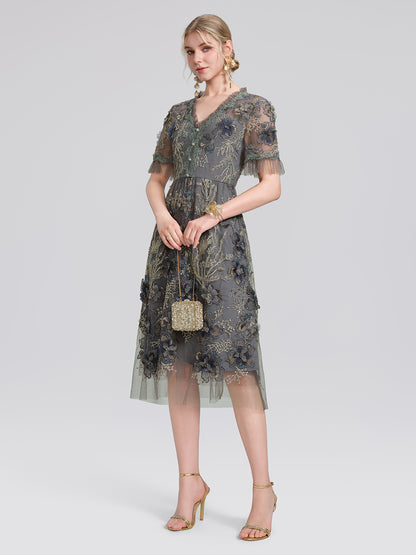 Gold Thread Embroidered Mesh Lace V-Neck Ruffle Sleeve Dress