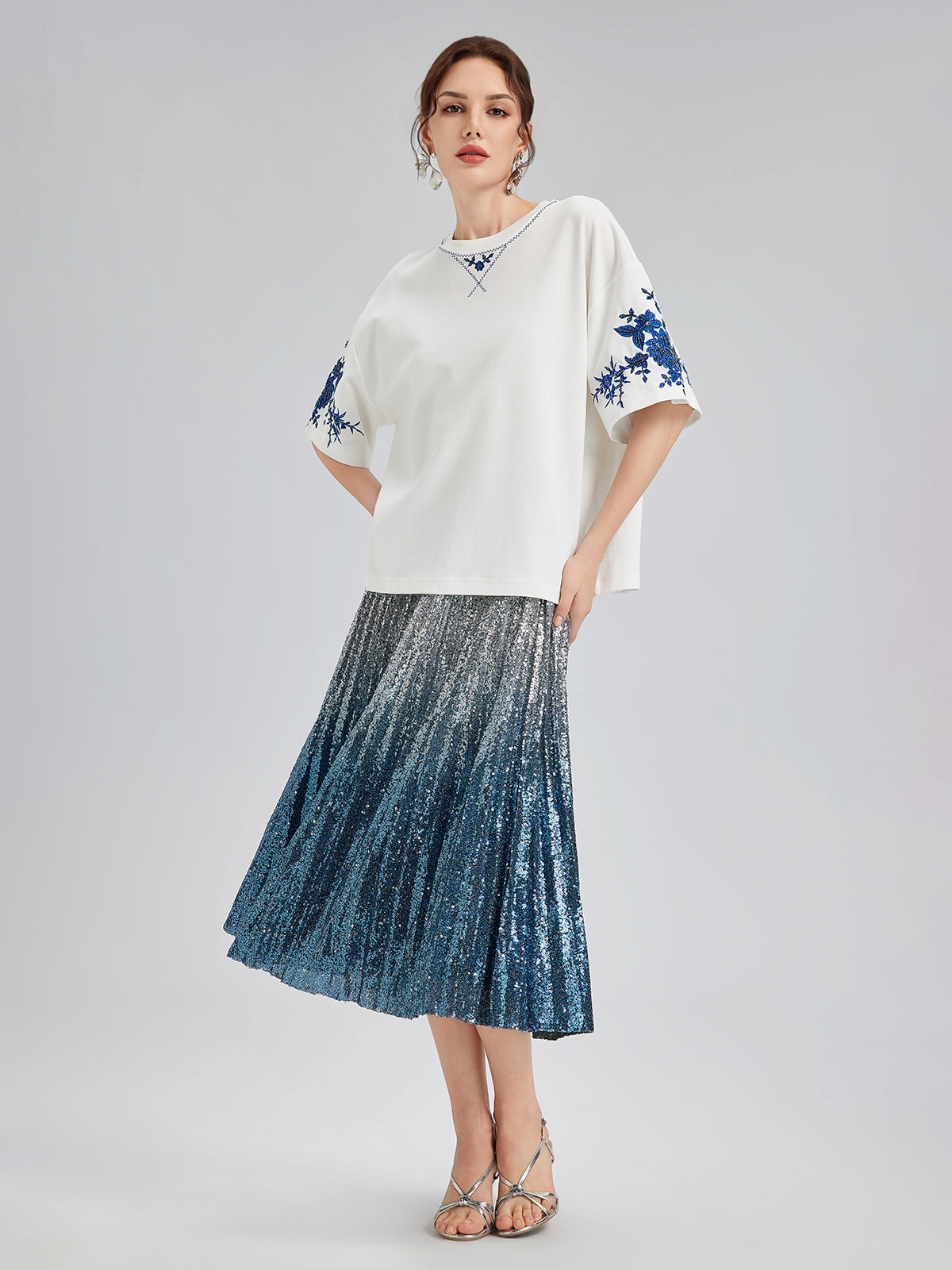 Ombre Sequin Pleated Midi Skirt
