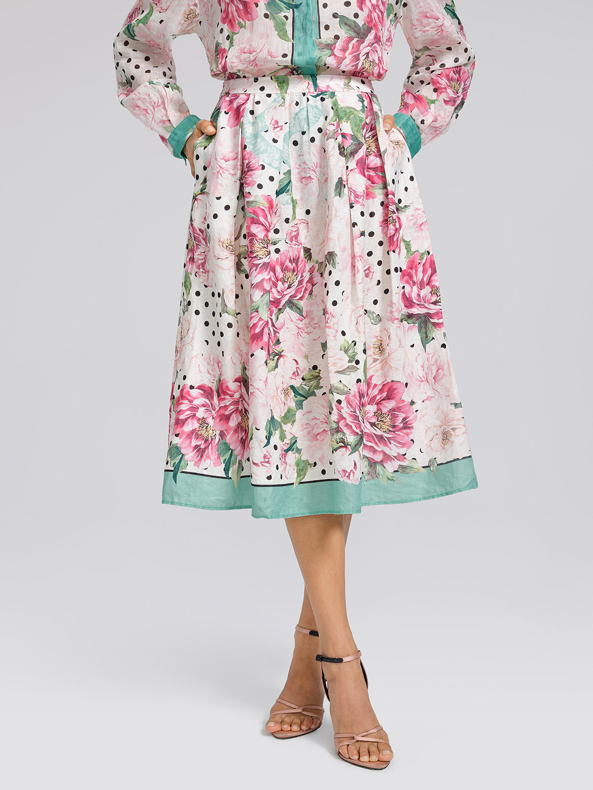 100% Linen Peony Polka Dot Print A-Line Flare Skirt