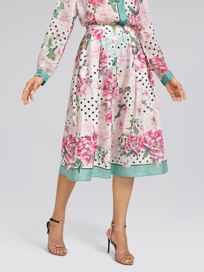 100% Linen Peony Polka Dot Print A-Line Flare Skirt