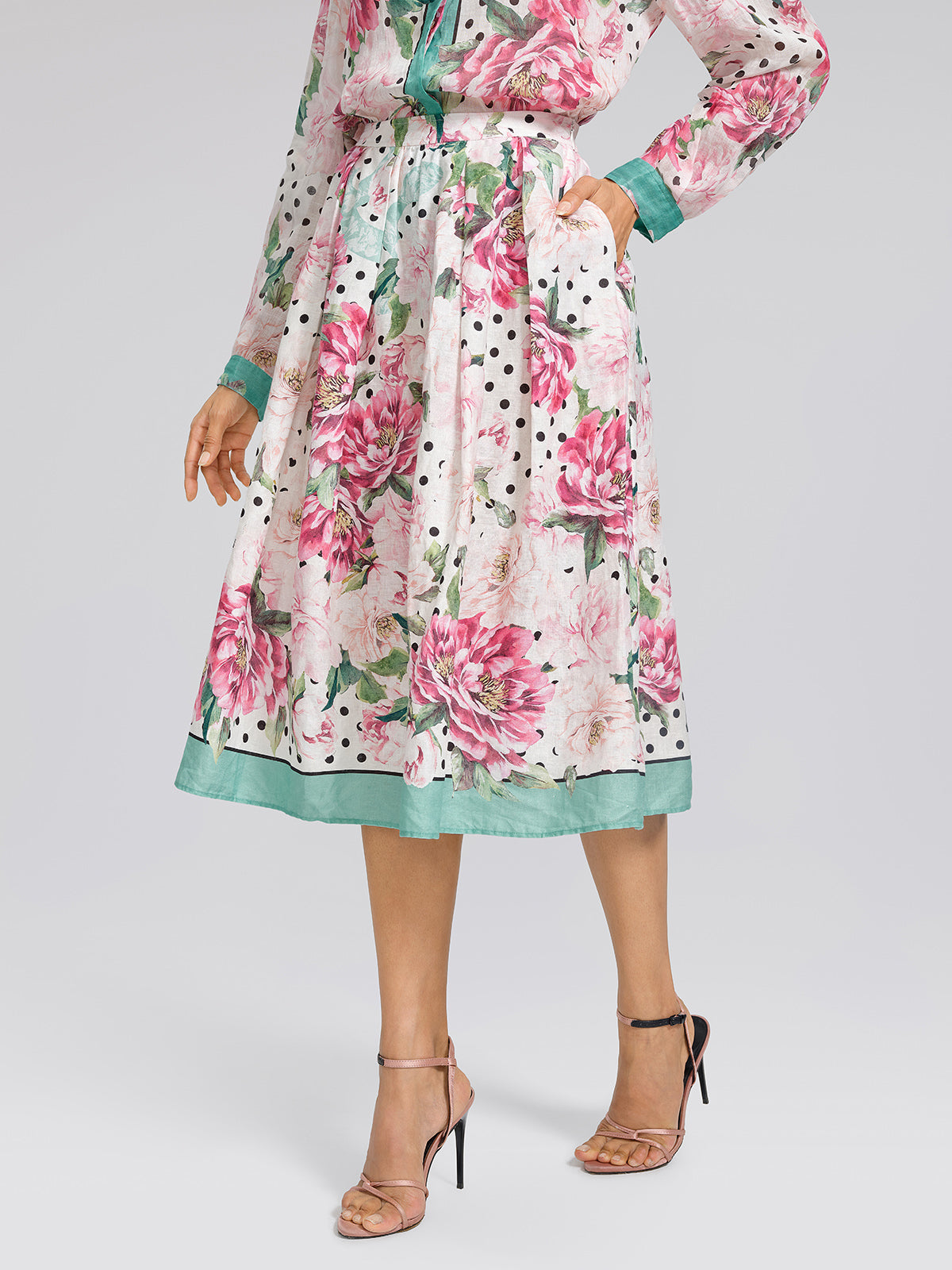 100% Linen Peony Polka Dot Print A-Line Flare Skirt