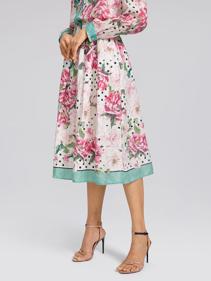 100% Linen Peony Polka Dot Print A-Line Flare Skirt