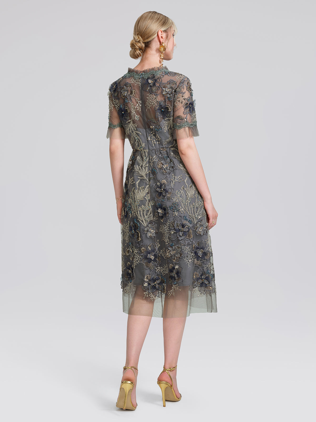 Gold Thread Embroidered Mesh Lace V-Neck Ruffle Sleeve Dress