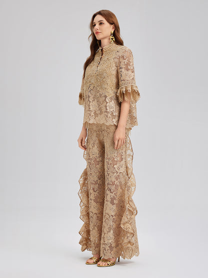 Handcrafted Ribbed Lace Ruffle Pants
