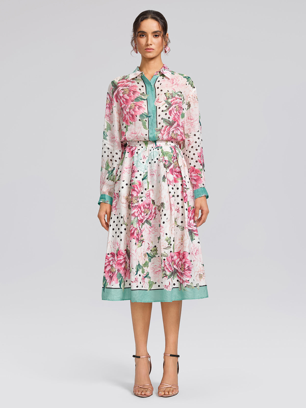 100% Ramie Peony Polka Dot Print Contrast Lapel Shirt