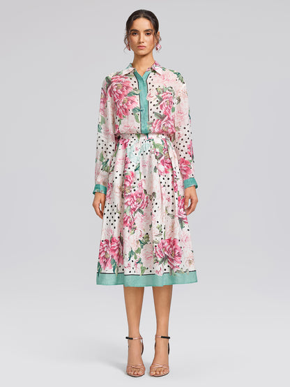 100% Linen Peony Polka Dot Print A-Line Flare Skirt