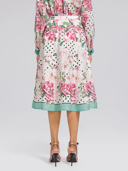 100% Linen Peony Polka Dot Print A-Line Flare Skirt