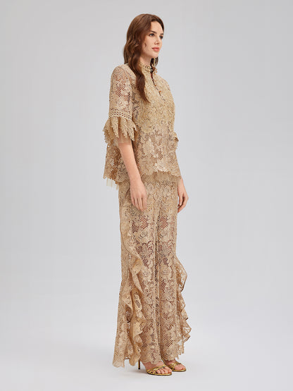Handcrafted Ribbed Lace Ruffle Pants