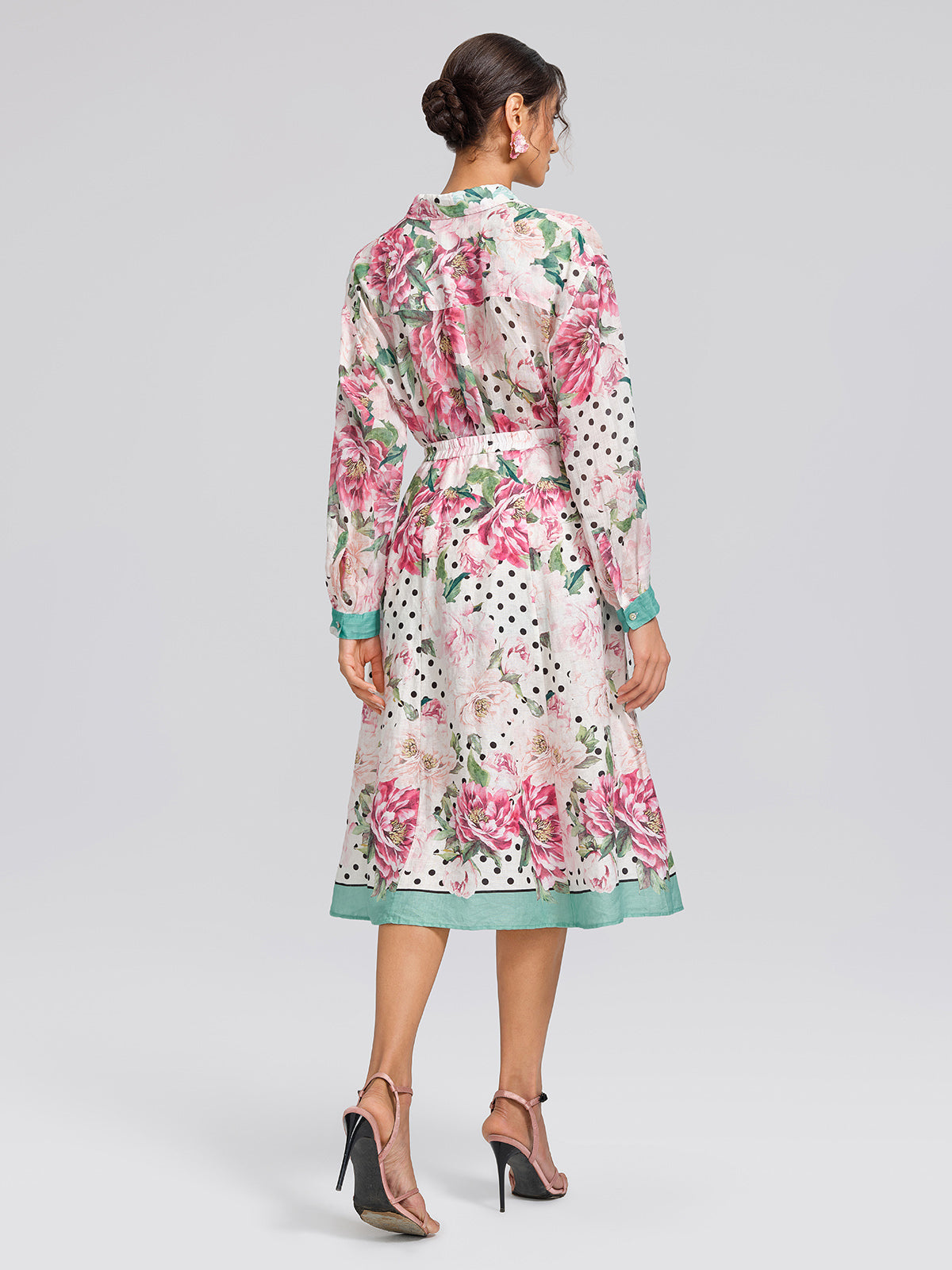 100% Linen Peony Polka Dot Print A-Line Flare Skirt