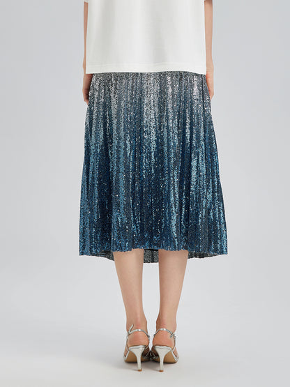 Ombre Sequin Pleated Midi Skirt
