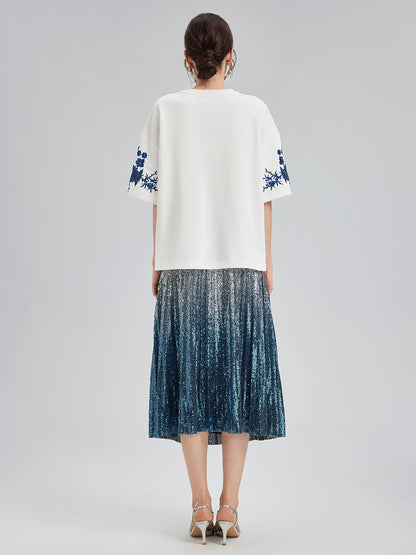 Ombre Sequin Pleated Midi Skirt