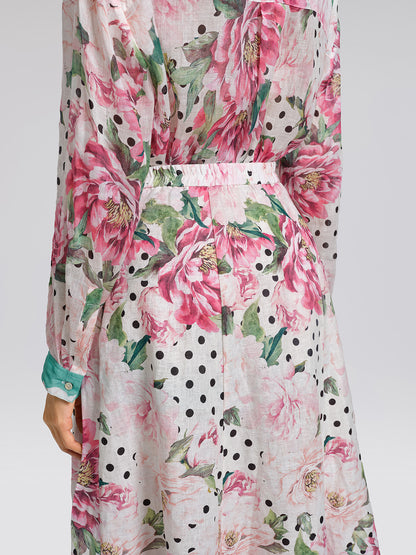100% Linen Peony Polka Dot Print A-Line Flare Skirt