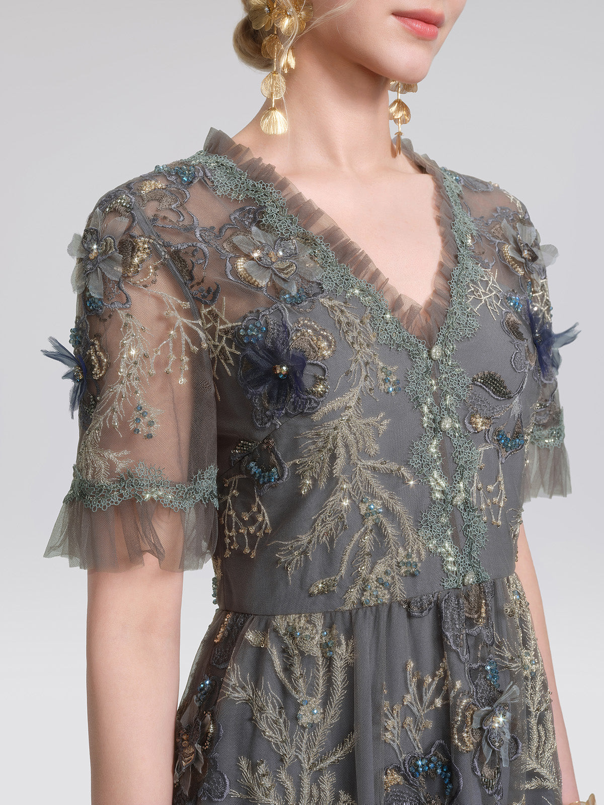 Gold Thread Embroidered Mesh Lace V-Neck Ruffle Sleeve Dress