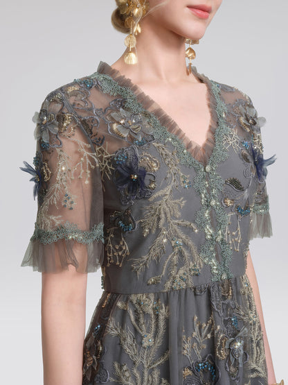 Gold Thread Embroidered Mesh Lace V-Neck Ruffle Sleeve Dress