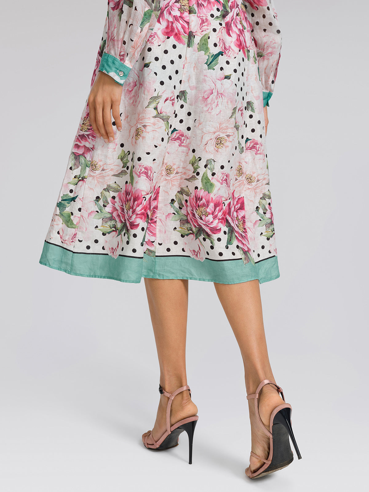 100% Linen Peony Polka Dot Print A-Line Flare Skirt