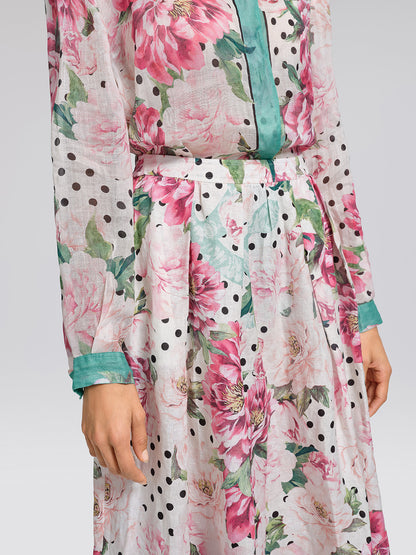 100% Linen Peony Polka Dot Print A-Line Flare Skirt