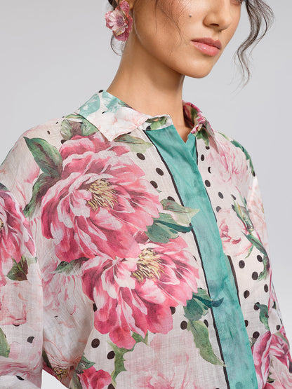 100% Ramie Peony Polka Dot Print Contrast Lapel Shirt