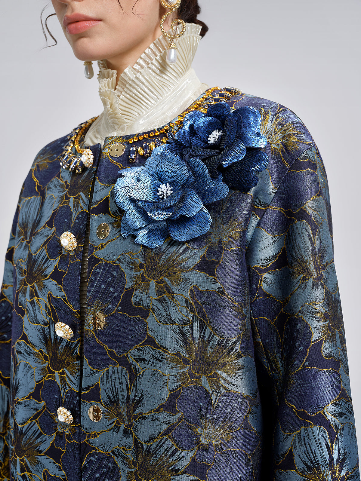 Hand-Sewn Crystal Floral Jacquard Jacket
