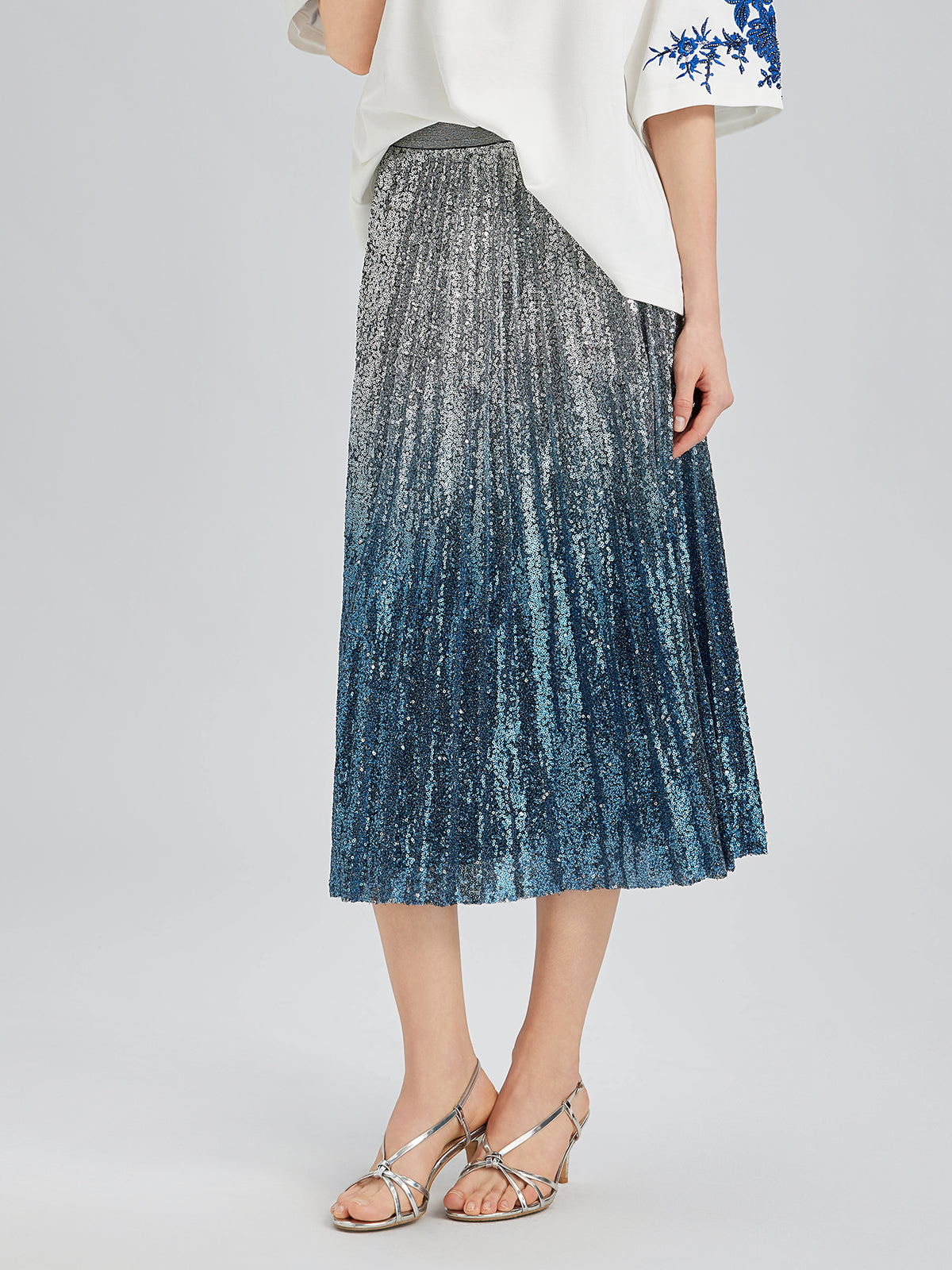Ombre Sequin Pleated Midi Skirt