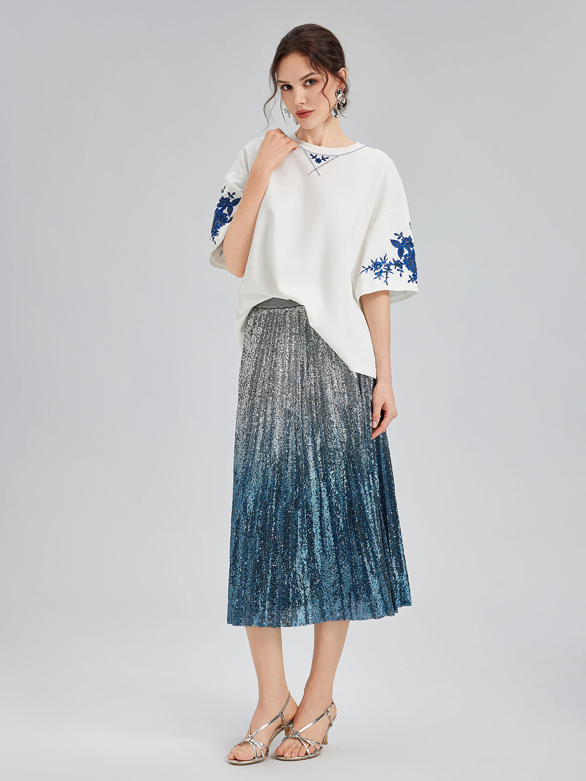 Ombre Sequin Pleated Midi Skirt