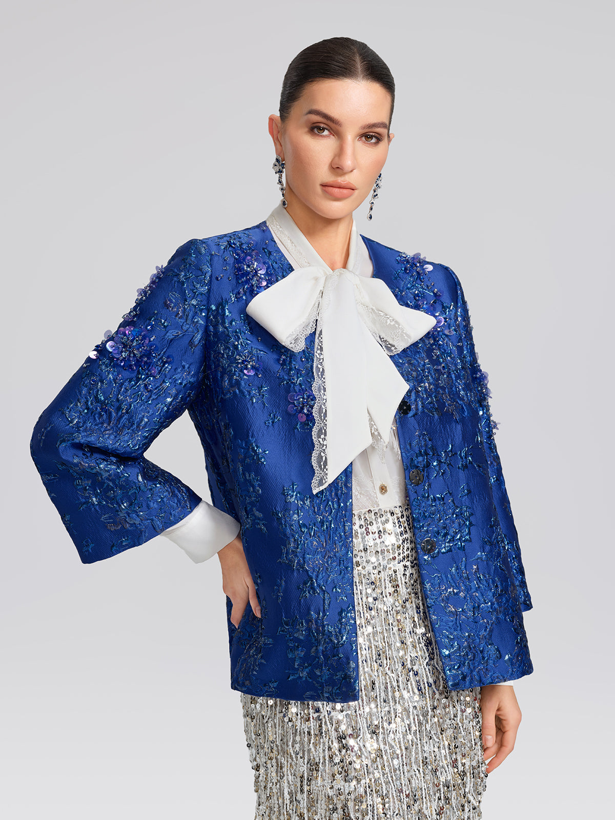 Royal Blue Hand-Beaded Jacquard Jacket