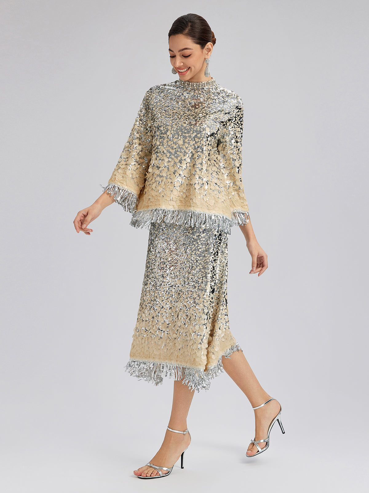 Beaded Ombre Fringe Stand-Collar Top
