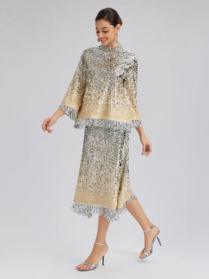 Beaded Ombre Fringe Stand-Collar Top