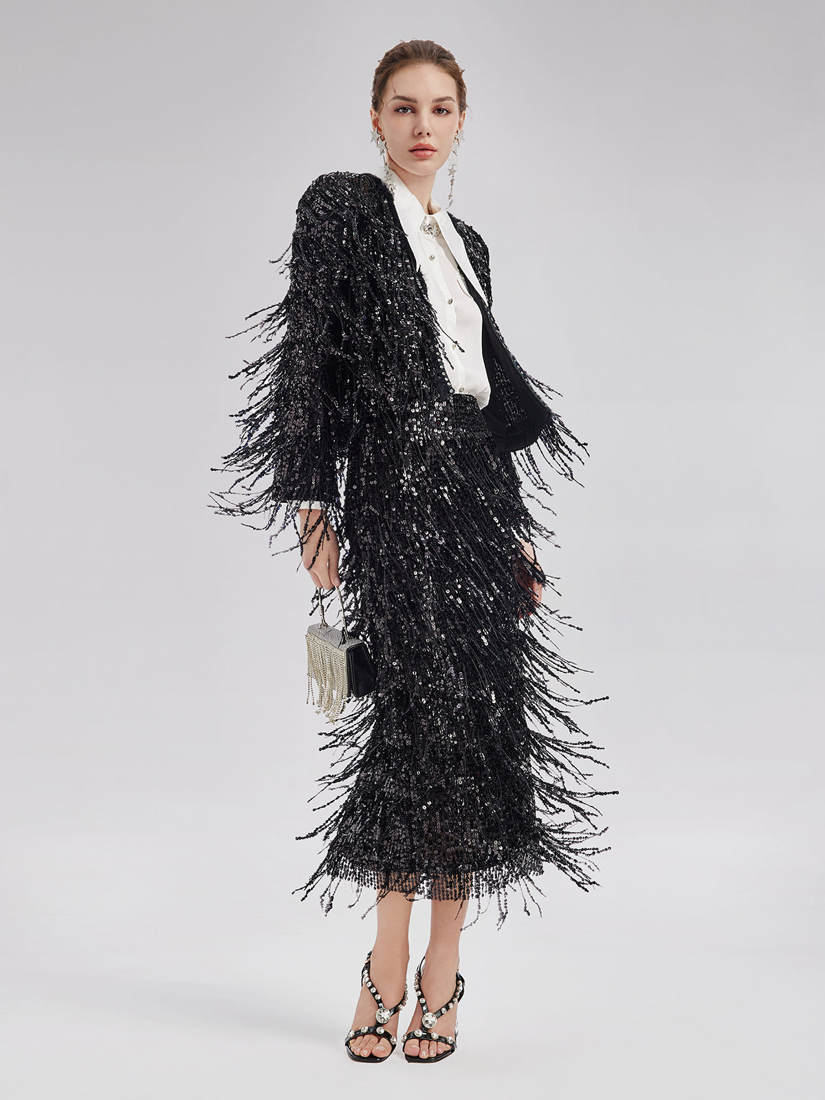 Sequined Beaded Fringe Cropped Jacket