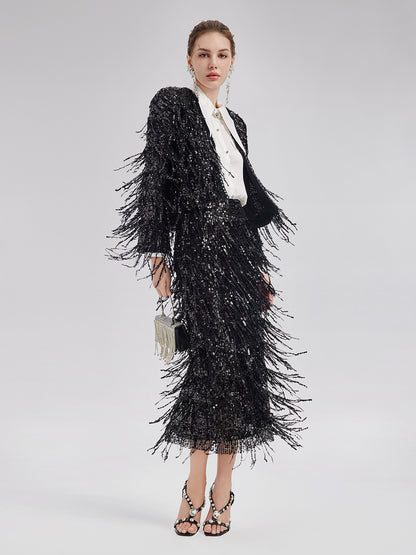 Sequined Beaded Fringe Cropped Jacket