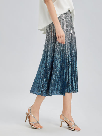 Ombre Sequin Pleated Midi Skirt