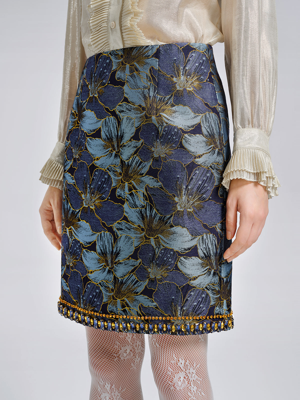 Hand-Sewn Crystal Jacquard A-Line Mini Skirt