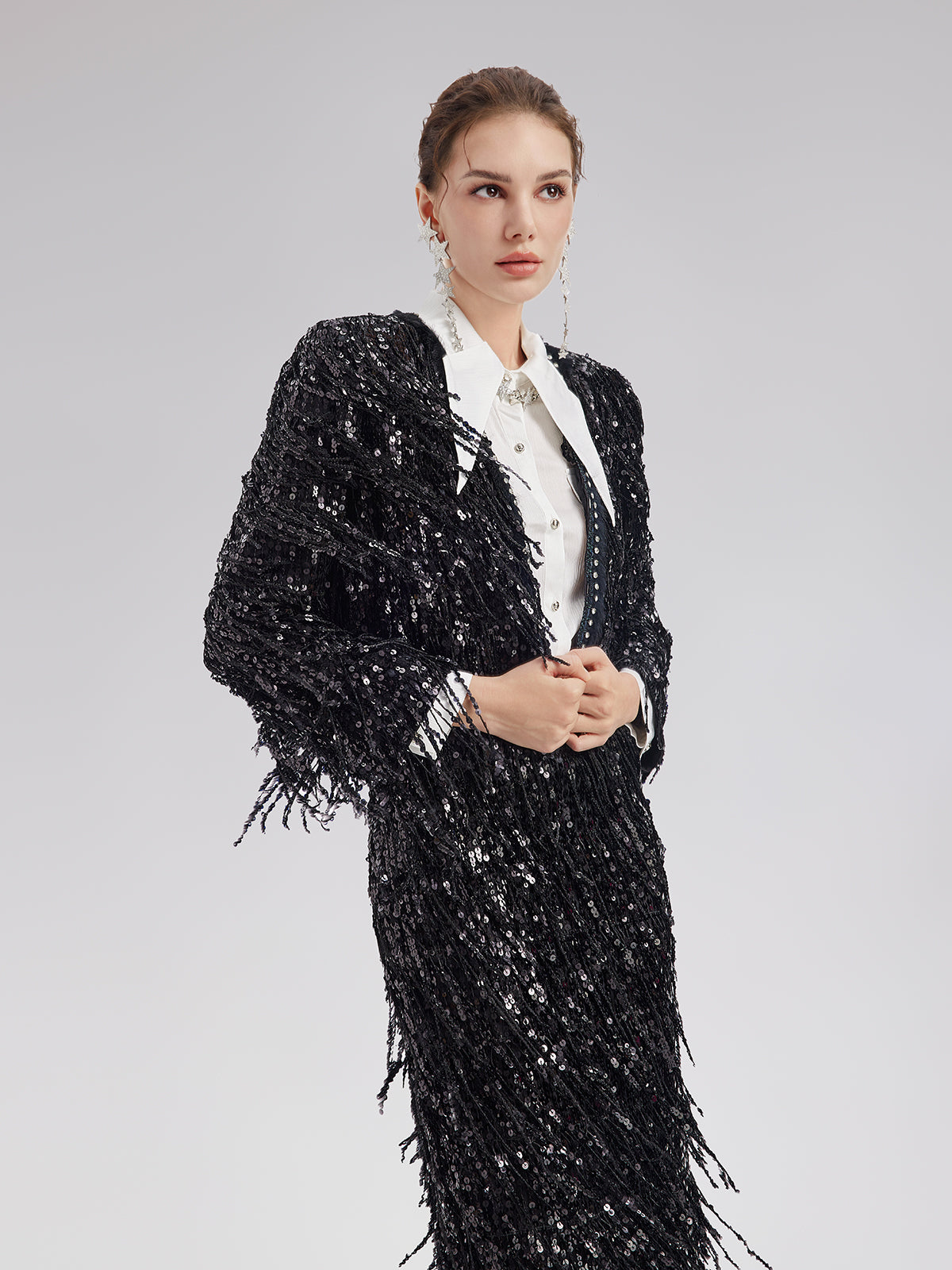 Sequined Beaded Fringe Cropped Jacket