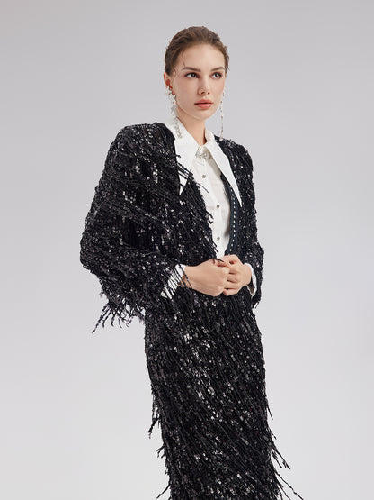 Sequined Beaded Fringe Cropped Jacket