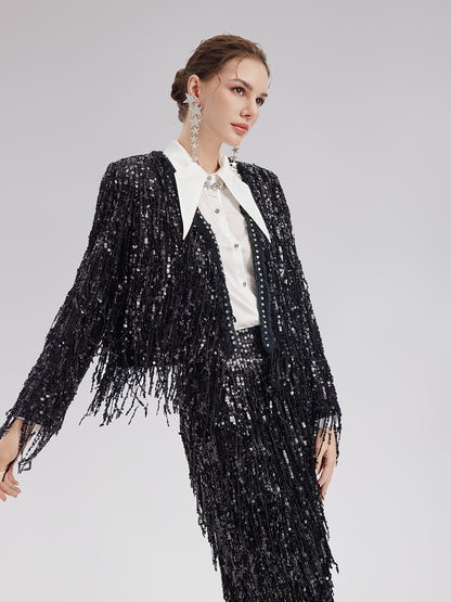 Sequined Beaded Fringe Cropped Jacket