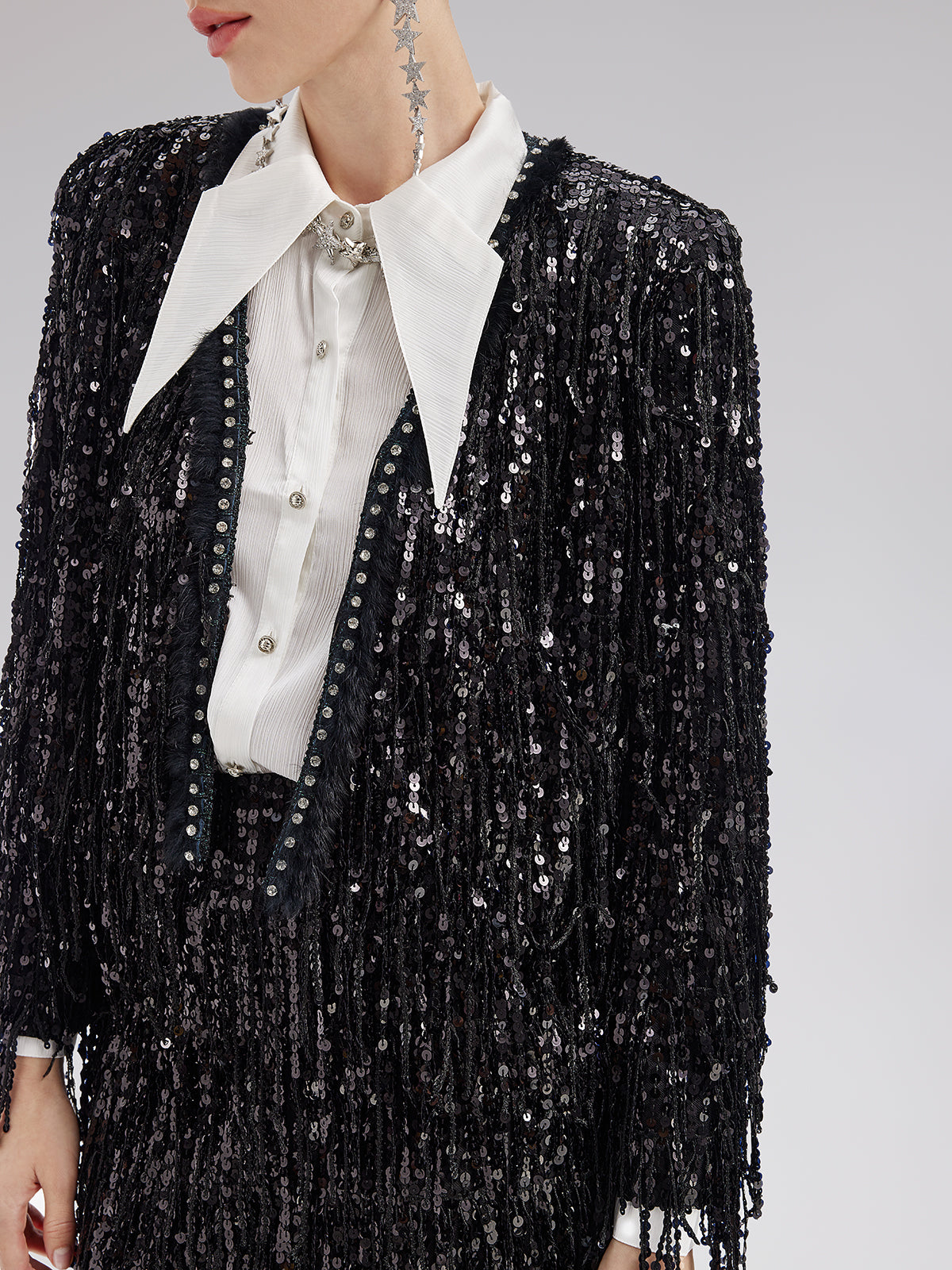 Sequined Beaded Fringe Cropped Jacket