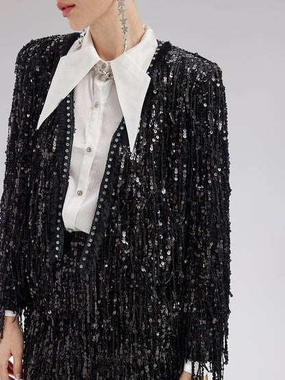 Sequined Beaded Fringe Cropped Jacket