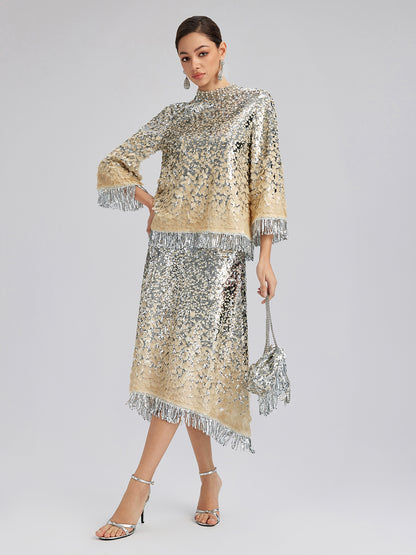 Beaded Ombre Fringe Stand-Collar Top