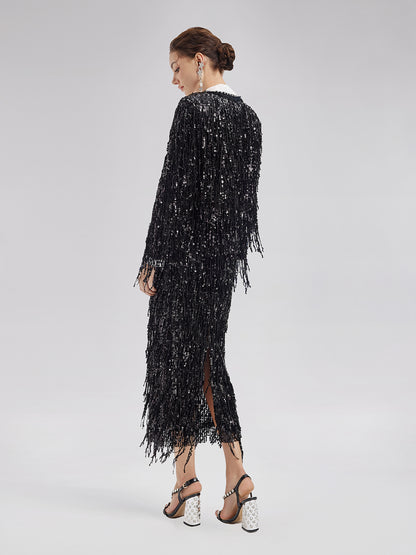 Sequined Beaded Fringe Cropped Jacket