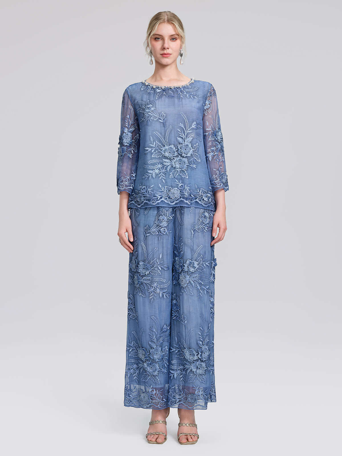 Mulberry Silk Embroidered Elastic-Waist Pants