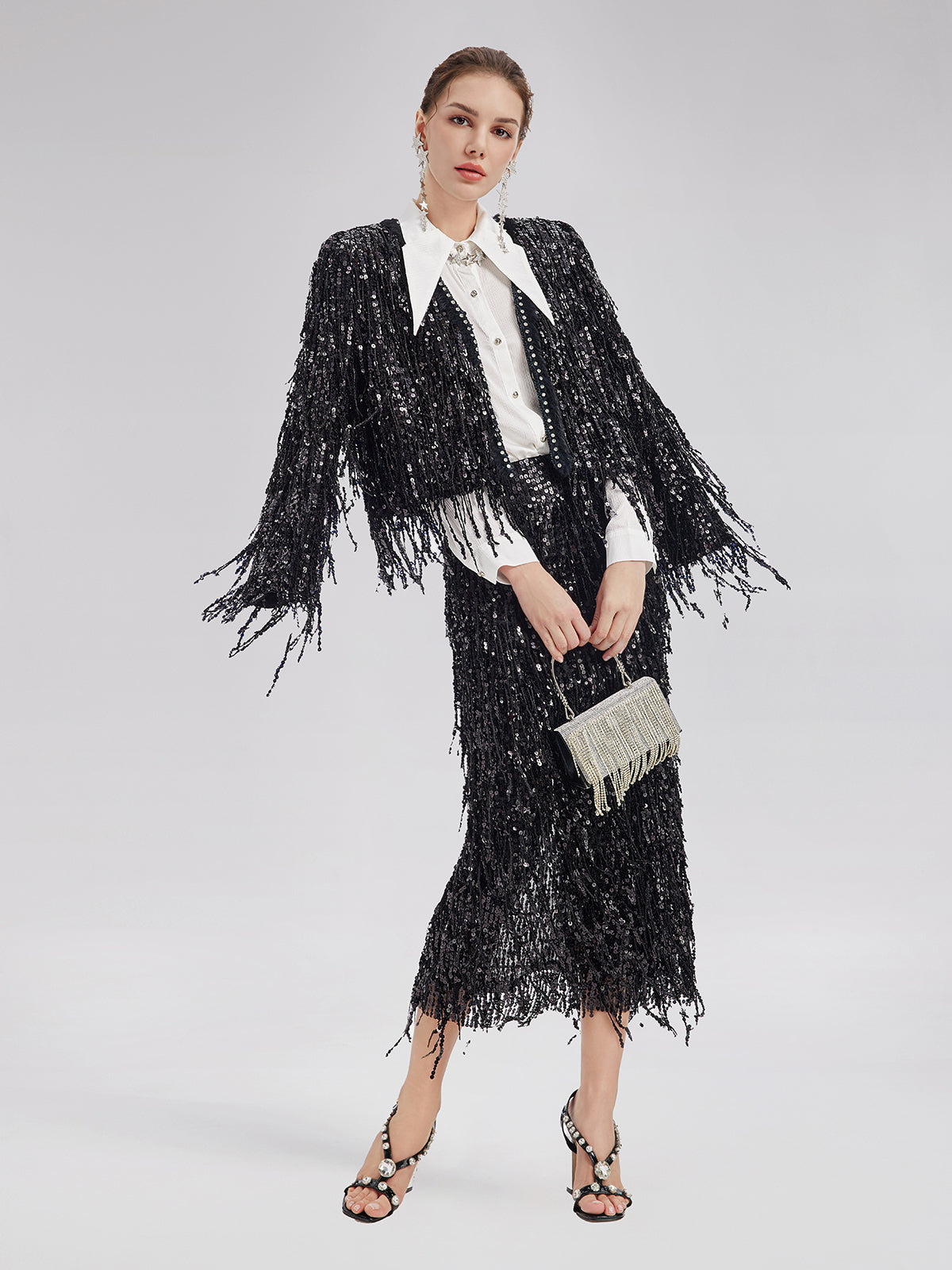 Sequined Beaded Fringe Cropped Jacket
