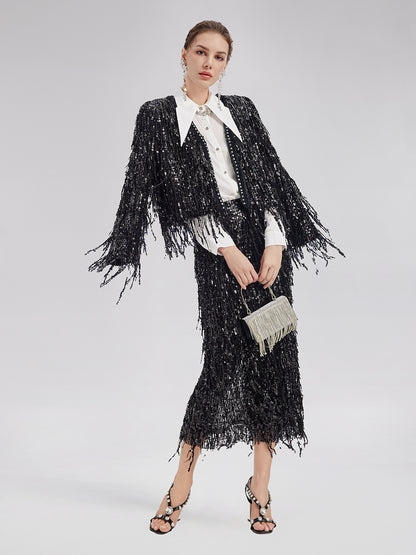Sequined Beaded Fringe Cropped Jacket