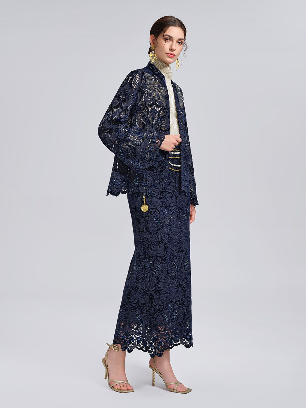 Velvet Lace Cutout Embroidered Fishtail Skirt