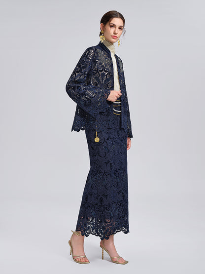 Velvet Lace Cutout Embroidered Fishtail Skirt