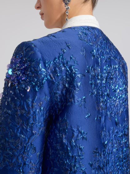 Royal Blue Hand-Beaded Jacquard Jacket